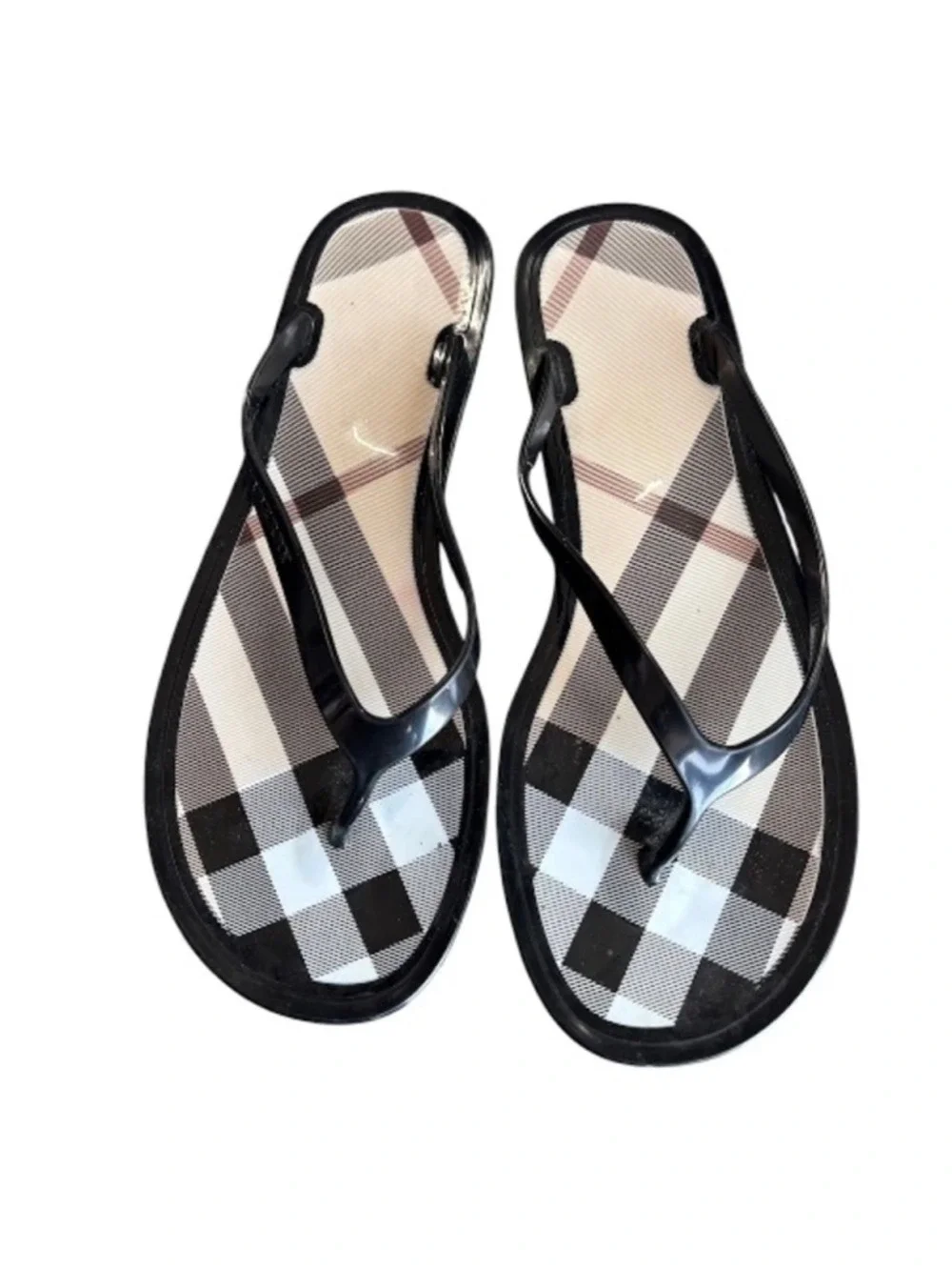 Burberry Check Print Flip Flop Sandals Black Beige Size 39/9